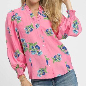 UMGEE PINK BRIGHT FLORAL BUTTON UP TOP